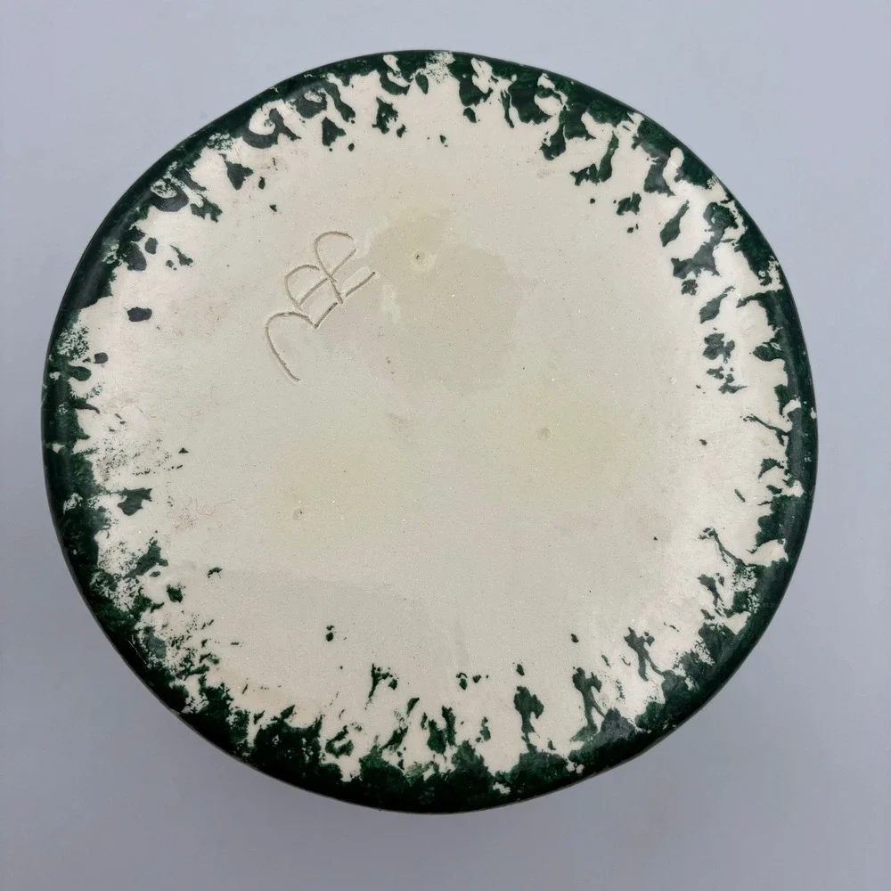 Artisan Floral Spongeware Ceramic Dip Chiller Potpourri Crock Green Cream 5in